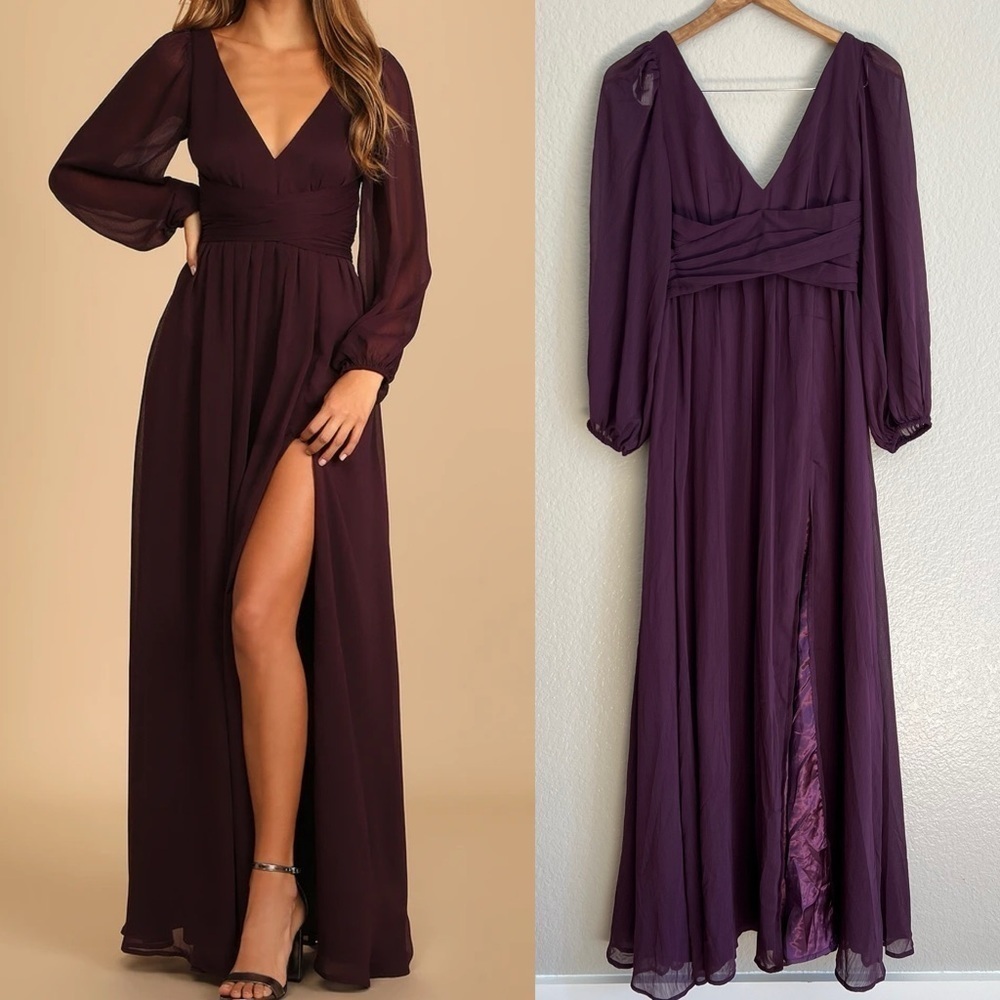 Enchant My Love Dark Purple V-Neck Long Sleeve Maxi Dress